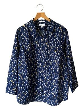 Lands End 100% Cotton No Iron Navy Blue Floral Womens Button Down Shirt Sz 24W